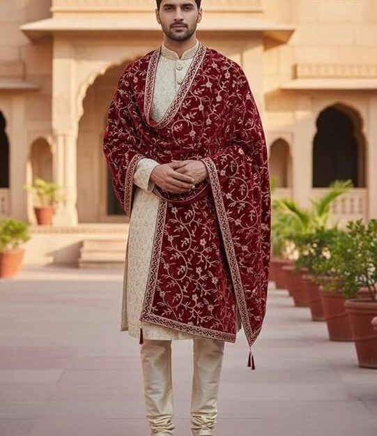 Maroon Velvet Embroidered Sherwani Dupatta with Golden Zari Work, Traditional Wedding Stole