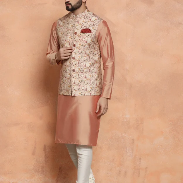Pink Silk Blend Embroidered Jacket Set with Kurta & Churidar