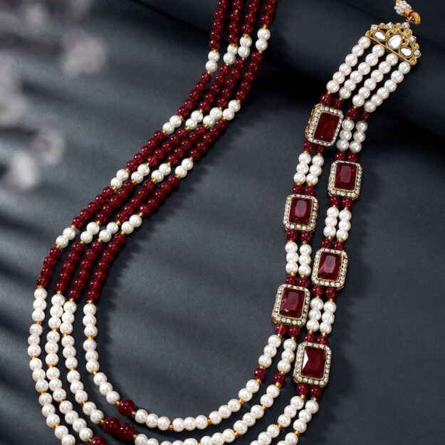 Gold Plated Maroon and White Beaded Sherwani Mala.