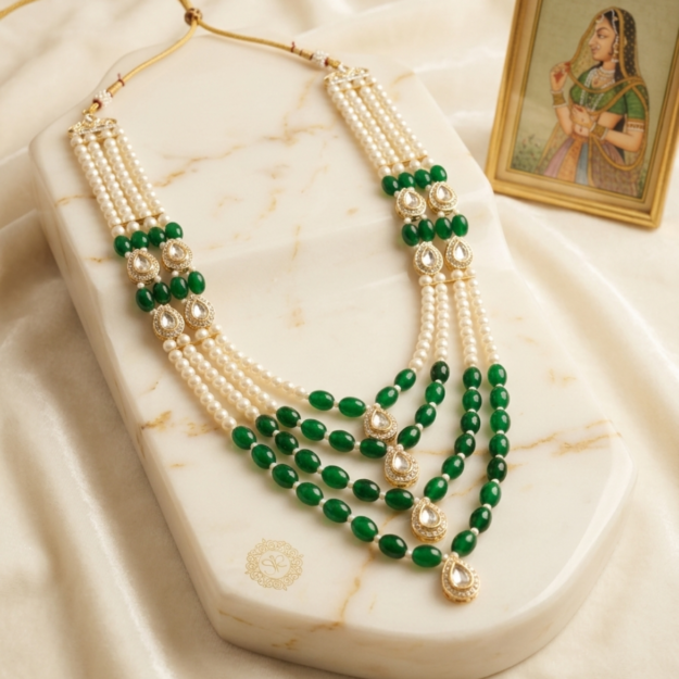Emerald Green & kundan multi-layered Haar