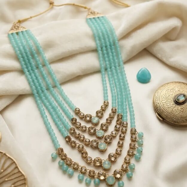 Sea Green Kundan & Crystal Tiered Groom Necklace