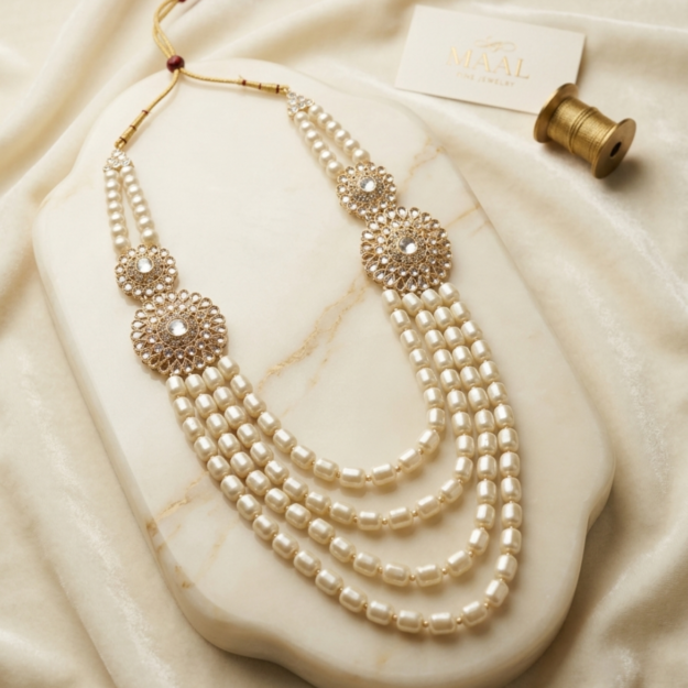 Royal Off-White Layered Pearl Groom Haar